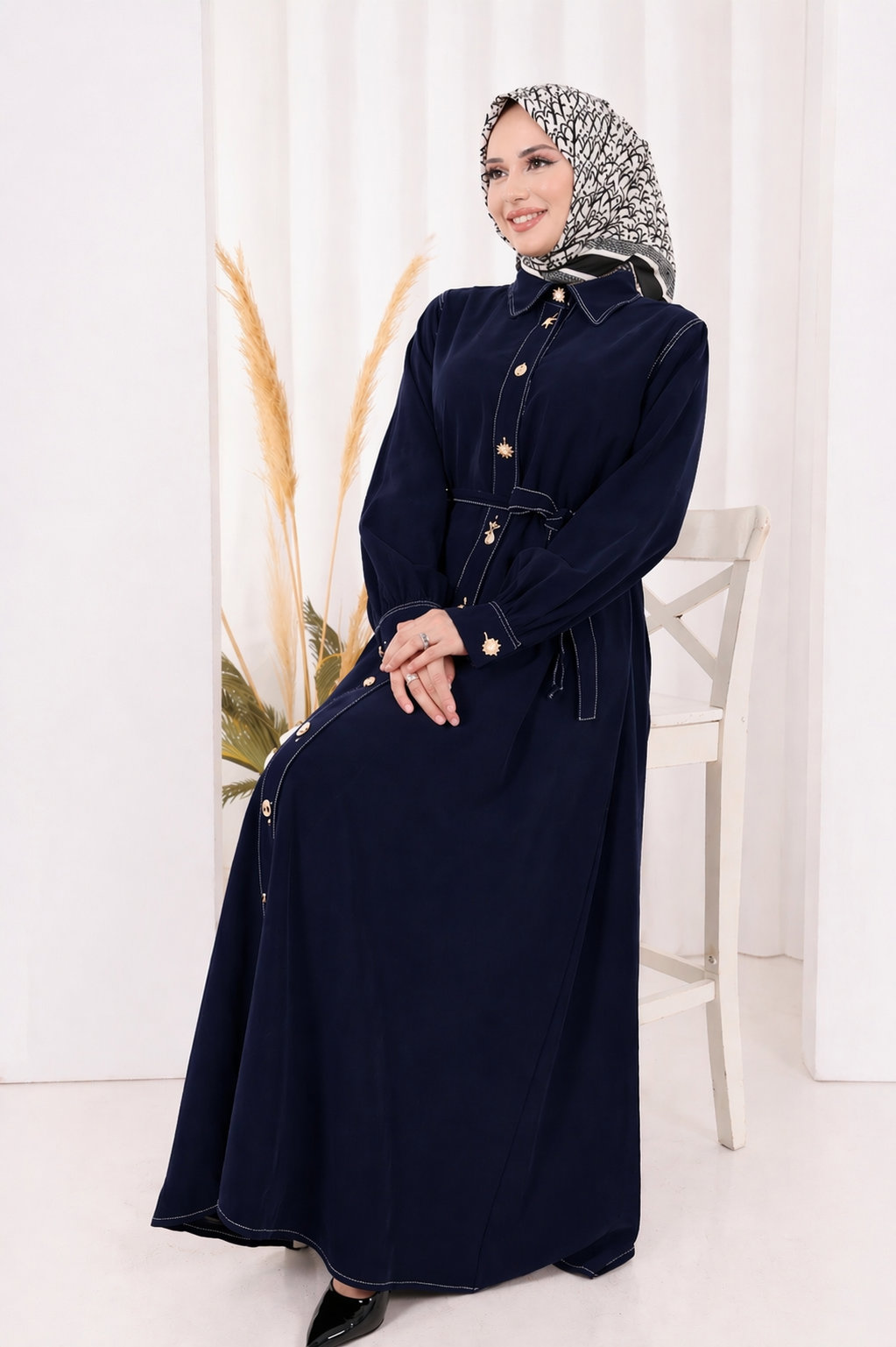 Elegant Navy Dress with Gold Details